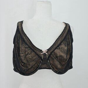 Cacique Floral Lace Plunge Bra Black & Beige SZ 44DD ~ UNLINED FULL COVERAGE